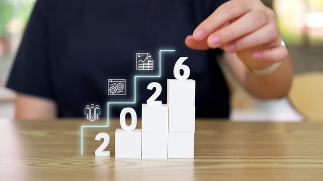Business growth strategy and vision 2026 concept with white blocks staircase, digital target and data icons, professional planning for corporate success