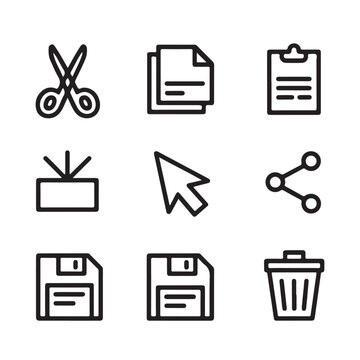 Office and computer utility line icons set featuring scissors, floppy disk, and document symbols