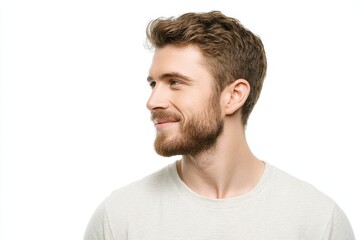 Fototapeta premium Contemporary portrait of a youthful man wearing a tee with a calm, friendly gaze
