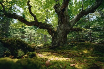 Fototapeta premium Gnarled maple tree with a lush green canopy bathed in dappled forest light