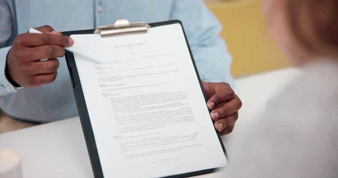 Paperwork, hands and businessman with client in office for finance contract with loan agreement. Application form, discussion and financial advisor with customer for investment documents in workplace
