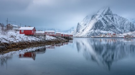 Obraz premium Arctic afternoon seascape: tranquil village along a snow-covered Norwegian coastline