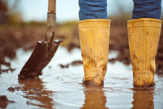 A person wearing yellow rain boots stands in a muddy puddle with a shovel nearby in a rural setting.