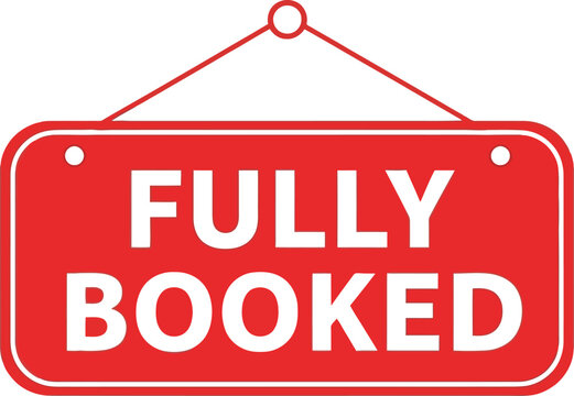 Fully booked red hanging sign vector, reservation full notice, busy business door icon