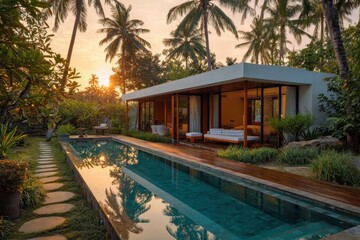 Fototapeta premium Contemporary home by lush garden and serene infinity pool