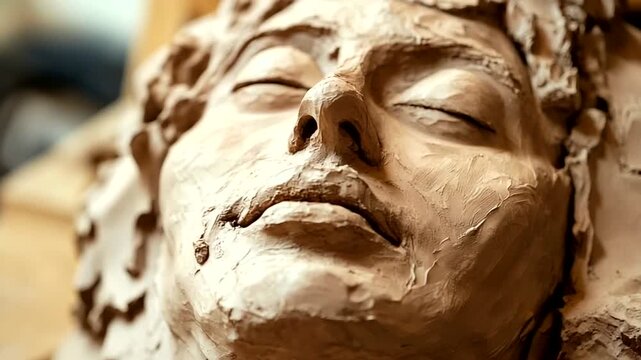 Close-up of a sculptor's clay model of a serene face in a workshop surrounded by tools