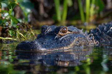 Obraz premium Close-up of an alligator in calm swamp water, ripples and reflections around the head