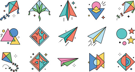 Obraz premium Abstract Geometric Icon Set with Colorful Shapes, Paper Planes, Kites, and Decorative Elements for Creative Design, Modern Art, Branding, and UI Graphics