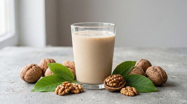 Glass of fresh walnut milk with whole and shelled nuts on table beverage nutrition vegetarian superfood culinary