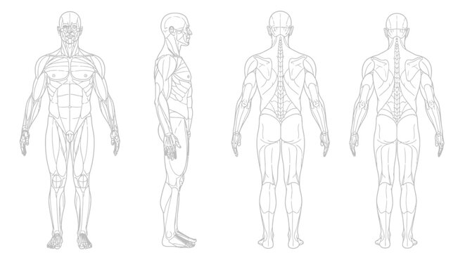 Detailed vector illustration showing the human body anatomy with muscle structures for medical and educational purposes