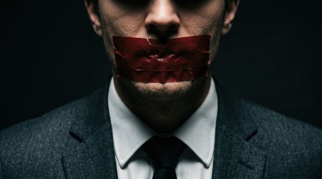 Businessman in suit with mouth taped shut representing silence or censorship businessman expression