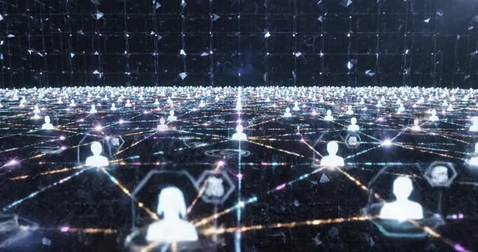 Futuristic digital network connecting silhouettes of people in a vast virtual space