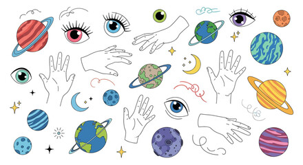 Hands and planets with eyes. © Rohimah