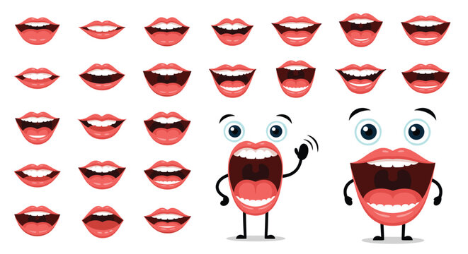 Large collection of various mouth and lip expressions showing emotions like laughing yelling and smiling for character design elements.