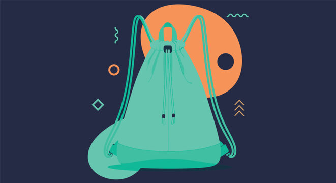 Teal drawstring backpack shown against an abstract navy and orange background for sports school and lifestyle accessory themes.