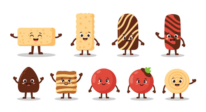 Collection of adorable cartoon snack characters like crackers chocolate bars and candies with happy faces for fun food branding.