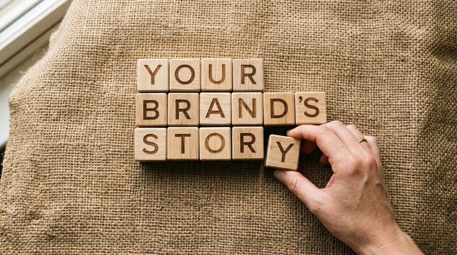 Hand placing wood blocks with your brand story text branding marketing business identity strategy communication