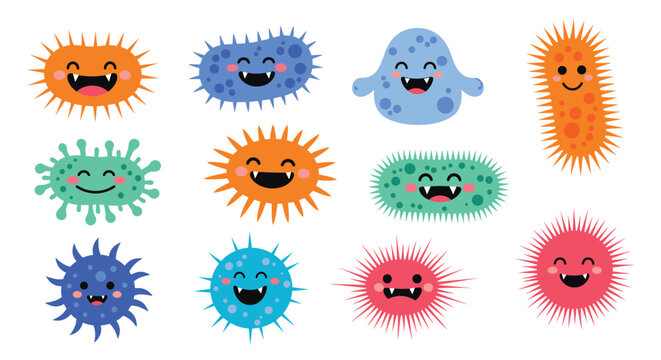 series of friendly cartoon bacteria and microbes with happy faces and vibrant colors representing different types of microorganisms.