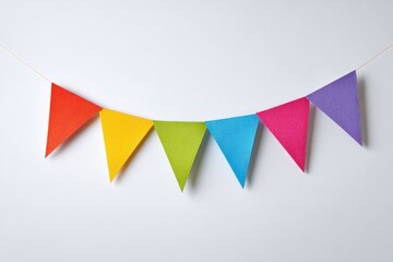Fototapeta premium Cheerful party bunting banners with colorful triangle flags on pure white background
