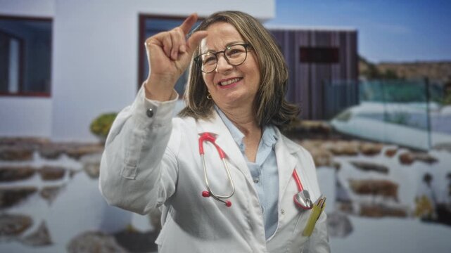Woman doctor pinches thumb and forefinger as if holding tiny pill, stethoscope visible, in studio; warm reassurance.
