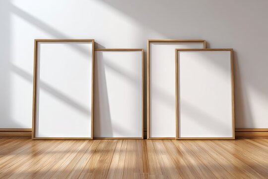 Four blank vertically oriented wooden frames leaning against a white wall on a wooden floor