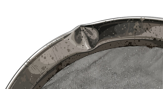 Close-up of a dented metal sieve with mesh texture against white background.