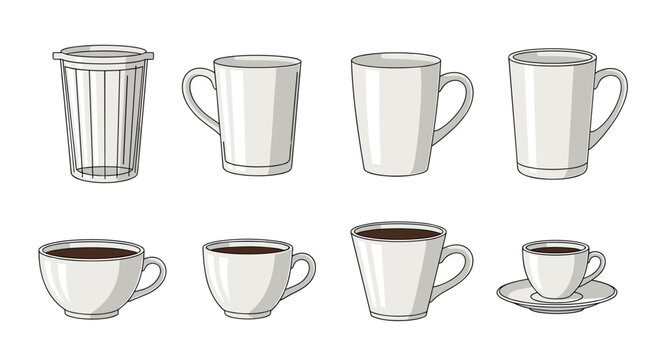 set of eight white ceramic coffee mugs and cups of various sizes some of which are filled with dark black coffee or espresso.