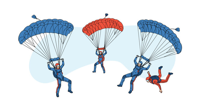 Group of skydivers performing formation jumps with red and blue parachutes floating in the sky against a light blue cloud background.