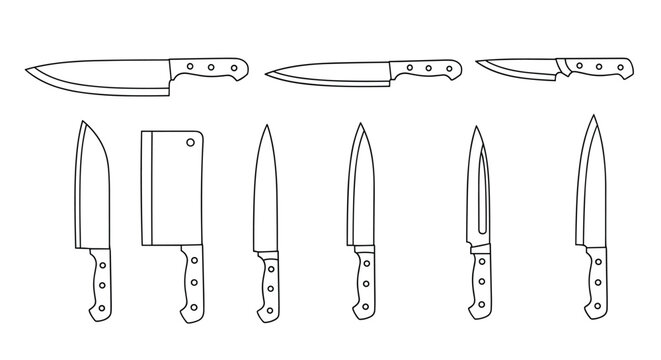 set of nine various kitchen knives including a cleaver chef knife and paring knife shown with black handles on white background.