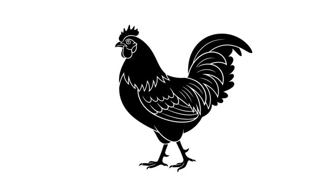 A minimalist black rooster with white line art details standing on a white background.