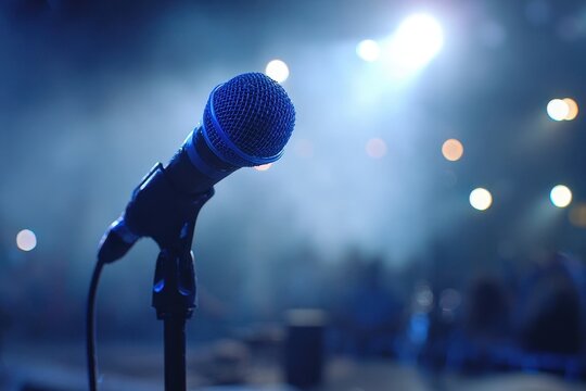 Blue stage microphone on a stand bathed in a bright spotlight on a dark theater stage