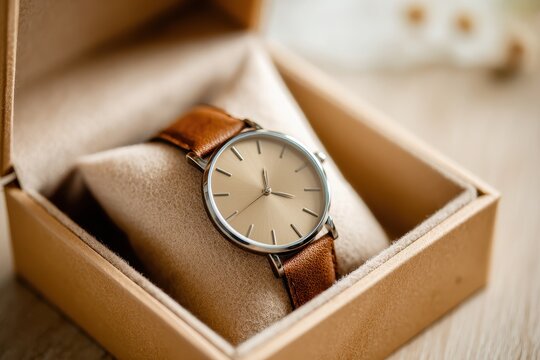 Brown leather strap watch displayed in a premium gift box with minimalist dial