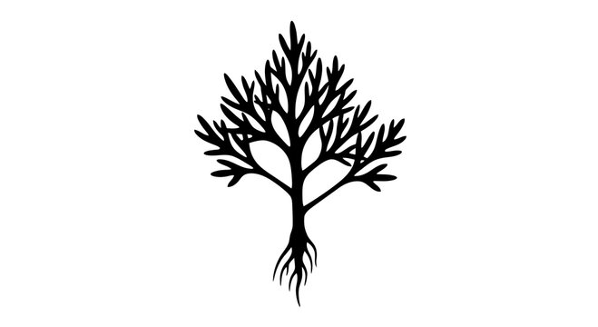 A simple black silhouette of a tree with roots on a white background.