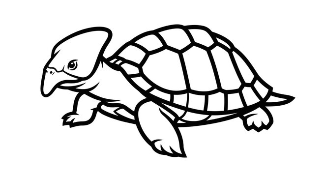 A simple black and white line drawing of a turtle with a large shell.