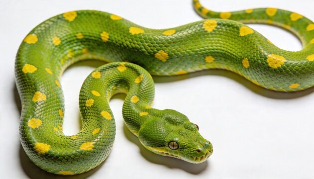 Vibrant green python snake with yellow spots coiled on a clean white background, showcasing its scales