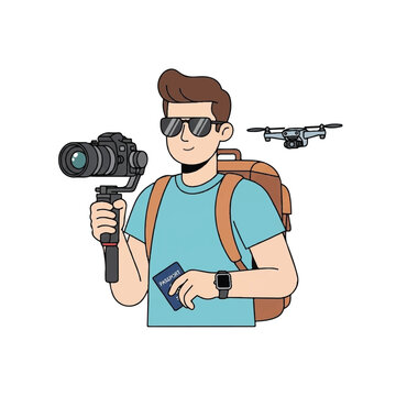 Young man with camera drone and passport ready for travel adventure.