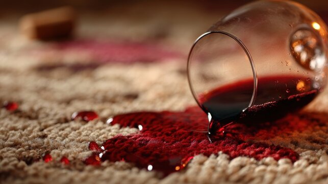 Close-up photograph of a red wine spill on beige textured carpet with a toppled wine glass