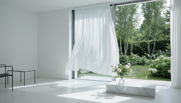 庭を望む白い室内とレースカーテンの夏前の背景