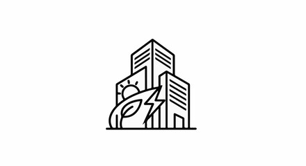 Fototapeta premium Modern buildings and renewable energy symbols like a leaf and sun