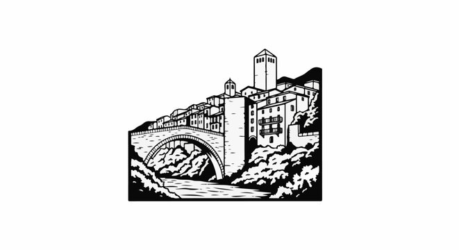 Monochromatic illustration of an ancient stone bridge arching over a river, with buildings on a cliff