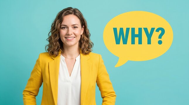 Woman in yellow jacket with a speech bubble asking "why?" question thinking portrait business clothing outerwear