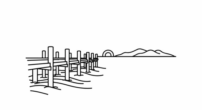 Minimalist outline of a wooden pier extending towards a sunset over rolling hills