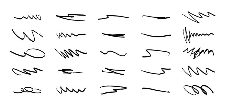 Marker scribble elements collection. Hand drawn strokes, underlines, wave brush marks. Vector set isolated on white background. Black underline chalk brush strokes with pencil line crayon texture