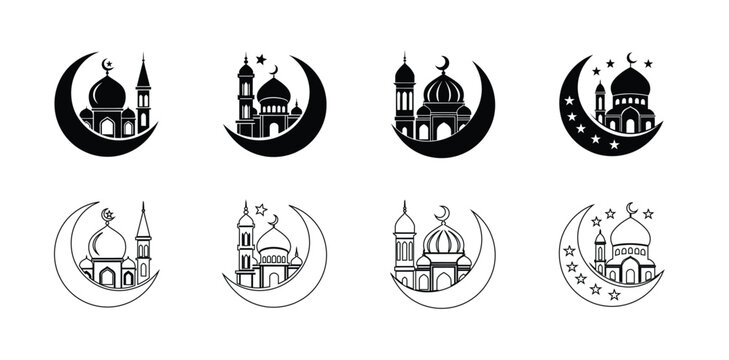 Icon set featuring minimalist islamic architecture elements. Islamic mosque architecture silhouette vector set featuring dome minaret and traditional religious buildings, vector illustration.