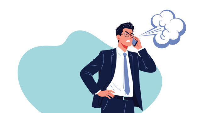 Angry businessman in a suit and glasses shouting while on a phone call with steam blowing out of his ears to show frustration.