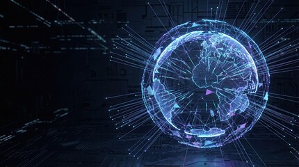 Fototapeta premium Digital wireframe glowing line cyber grid abstraction, Digital wireframe glowing line tech blueprint concept, Glowing Wireframe Globe with Digital Effects