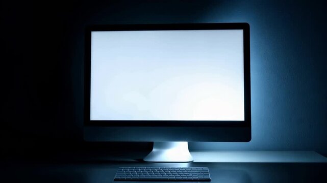 Digital Workspace Silhouette: A sleek computer monitor illuminates the room, casting a cool blue glow. Its screen provides a blank canvas, the keyboard awaiting input.