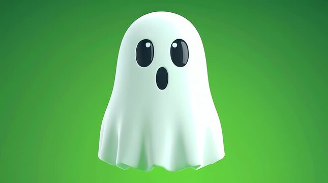A surprised ghost illustration appears against a green background with big eyes.