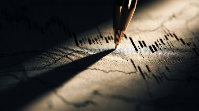 Bullish candlestick pattern on financial chart paper, pen pointing at resistance level, dramatic directional lighting, macro close up trading analysis concept