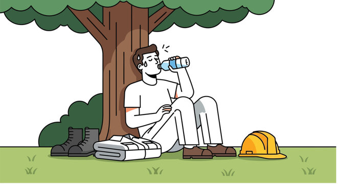 Tired construction worker drinking cool water while resting under a large tree in this vector illustration